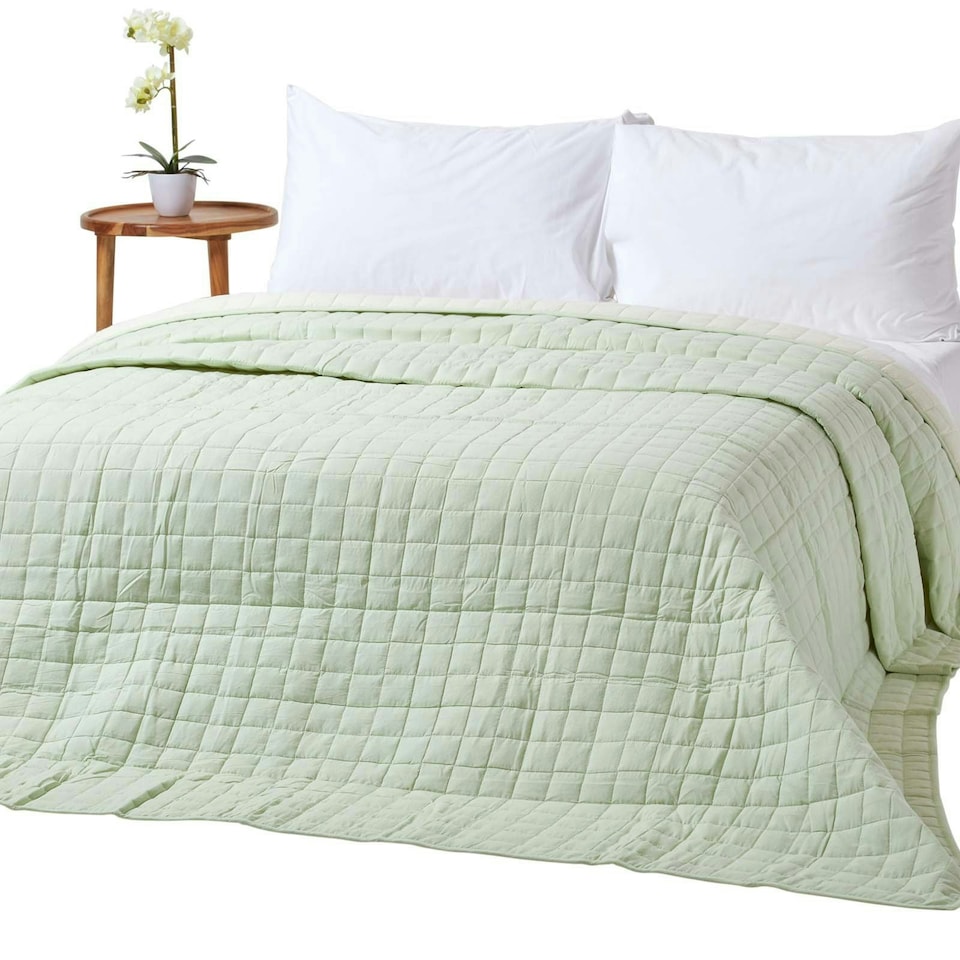 image 1 of Homescapes Cotton Quilted Reversible Bedspread Sage Green and Cream - 150 x 200 cm | Green