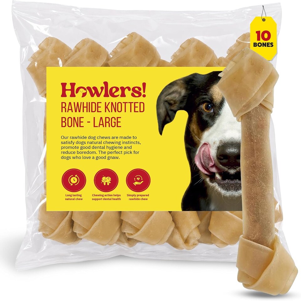 Howlers Howlers Rawhide Knotted Bones 20Cm Long Lasting Chews Dental Beef pet food packaging