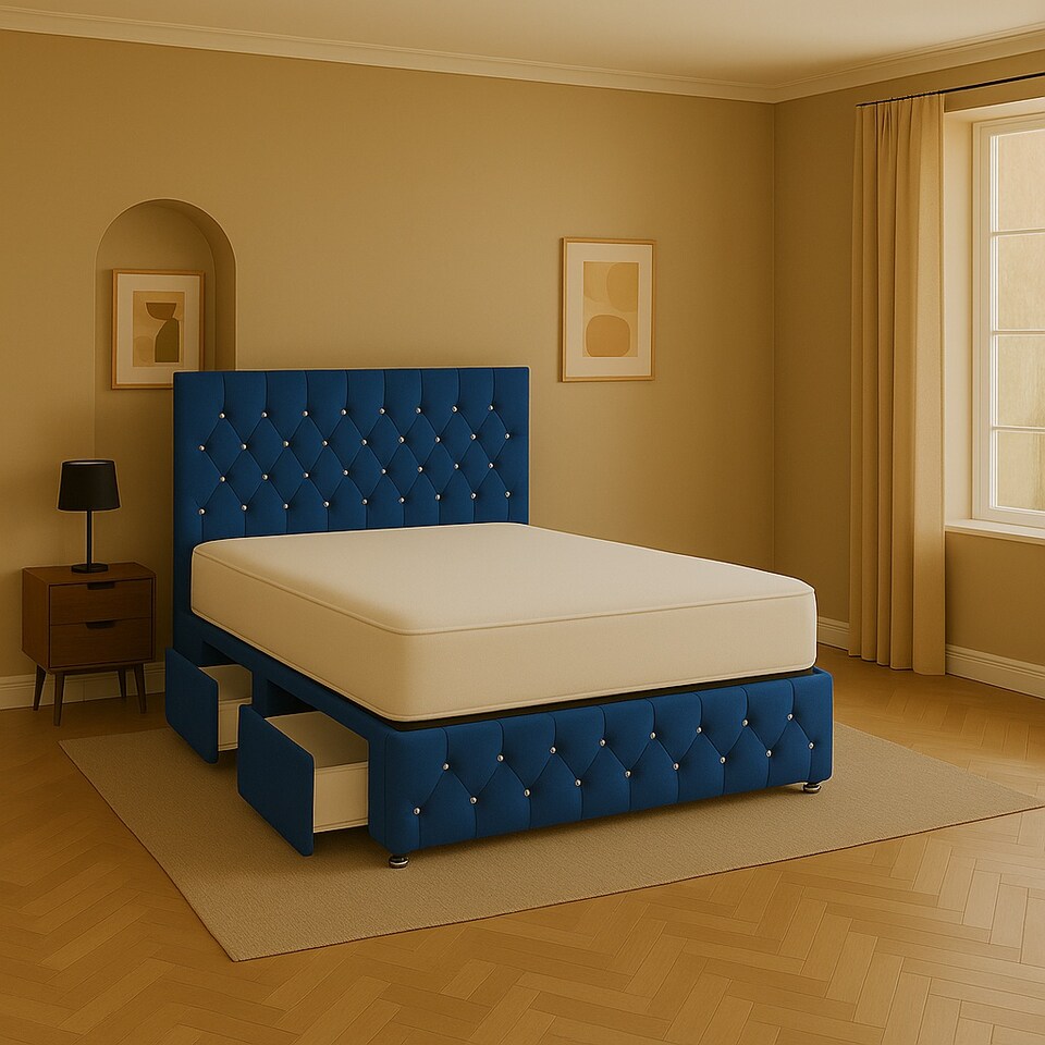 Blue Chestefield Crystal Plush 2ft6 Small Single Divan Bed Set Headboard & Footboard - 2 Drawers Left Side Laying in Bed