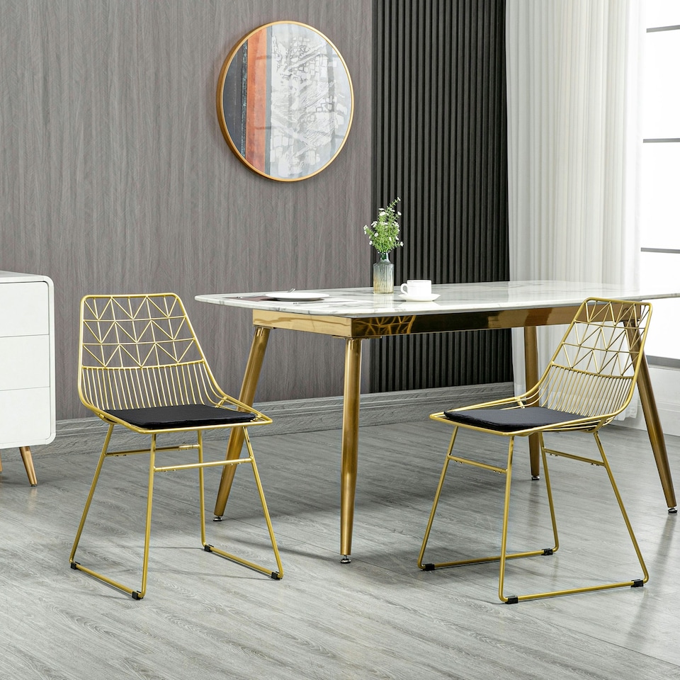 image 1 of HOMCOM Dining Chairs Set of 2, Metal Wire Kitchen Chairs with Back, Gold Tone