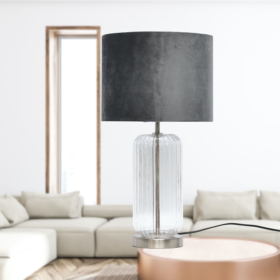 image 1 of Walpole - Clear Fluted Glass and Brushed Chrome 49cm Table Lamp with Grey Velvet Shade | Chrome | Grey | Large | 1