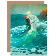 Mermaid Lover Sunrise Seascape Romantic Painting Greeting Card