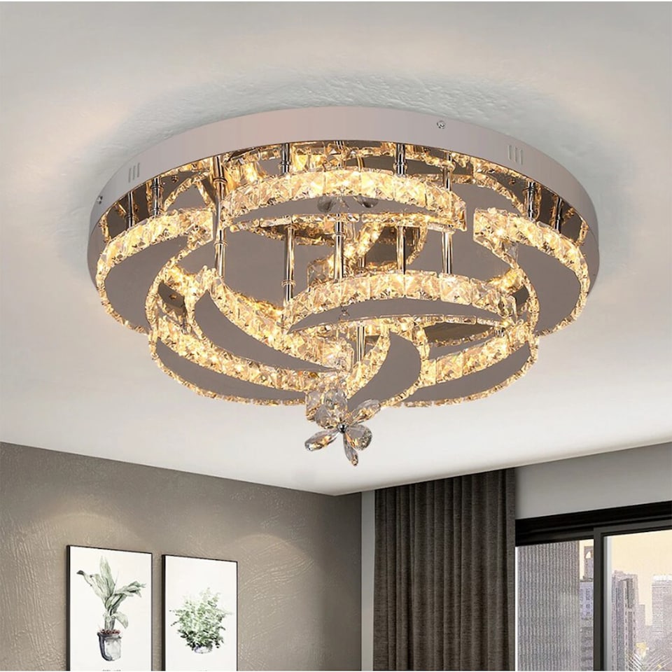 image 1 of Crystal LED Ceiling Light Silver Chandelier 3 Color Lights 50x24cm Wall