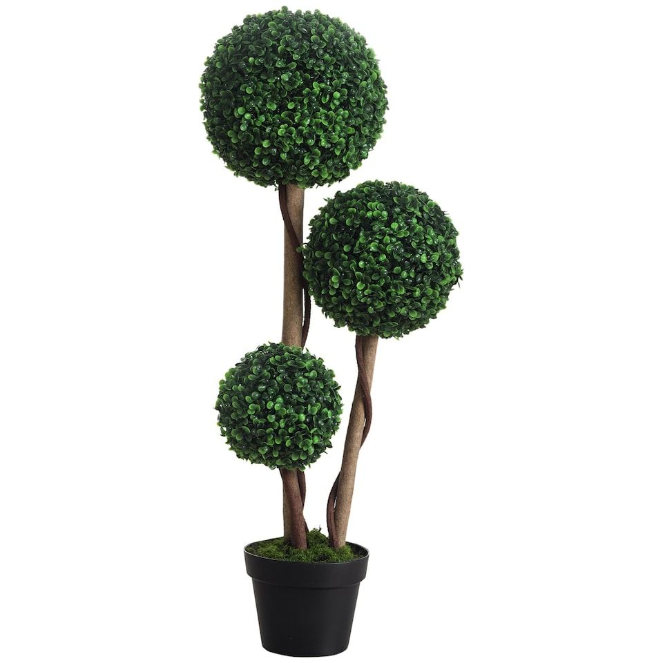 image 1 of HOMCOM Decorative Artificial Tree Boxwood Ball Topiary Tree in Pot, Fake Plant for Home Indoor Outdoor Decor, 90 cm, Dark Green