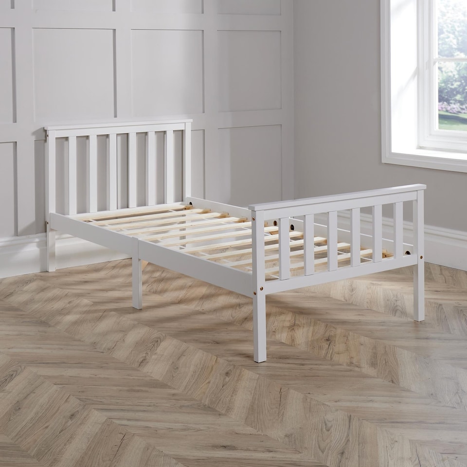 image 1 of Single Bed White Wooden 3ft Childrens Bed Headboard High End Slatted Base