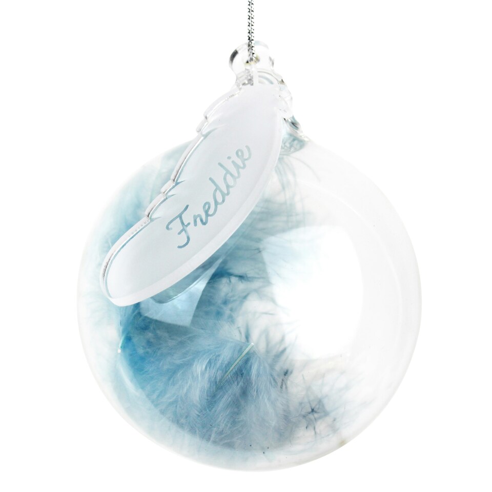 image 1 of Personalised Blue Feather Glass Bauble