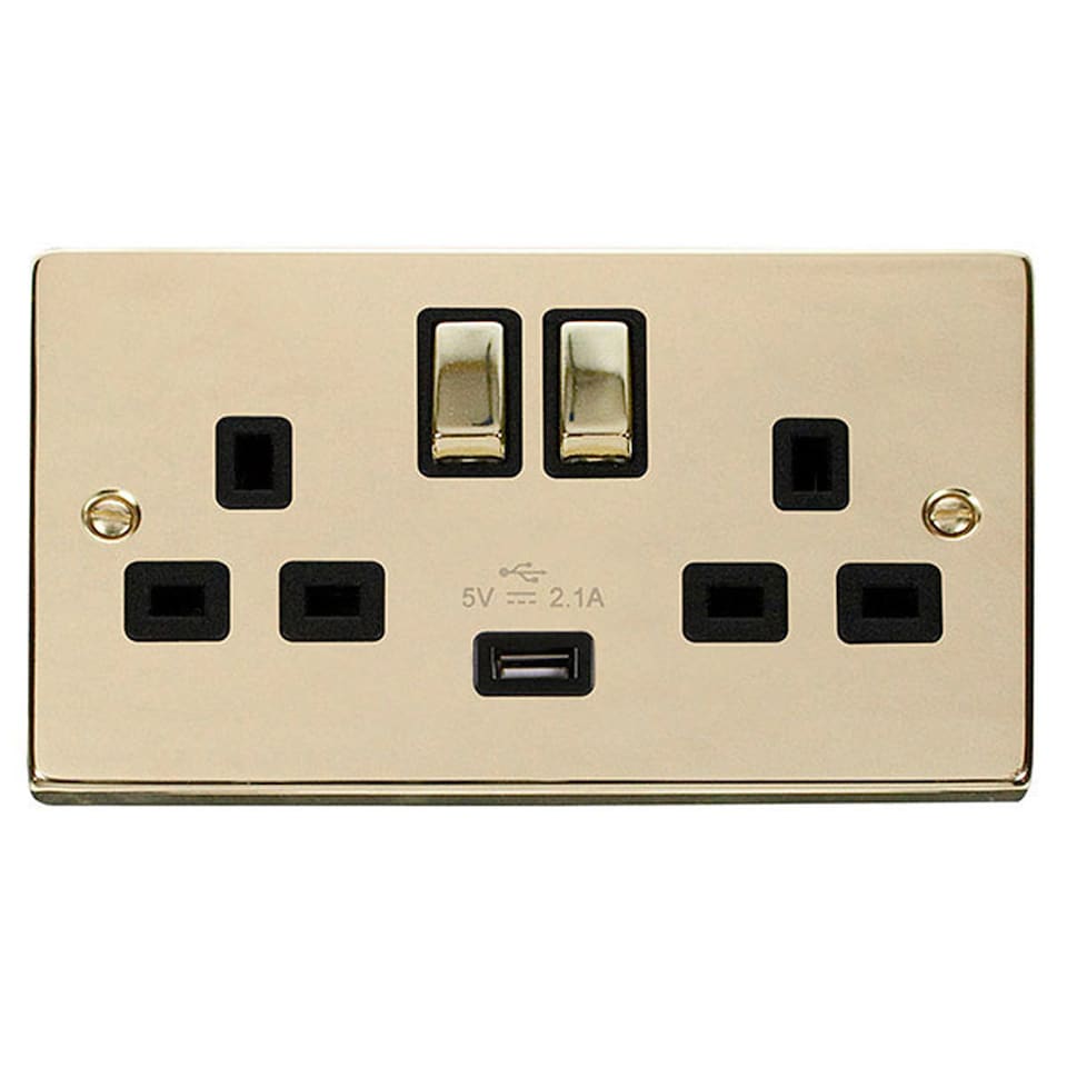 SE HOME Polished Brass 2 Gang 13A DP Ingot 1 USB Twin Double Switched Plug Socket | Gold | Polished Brass