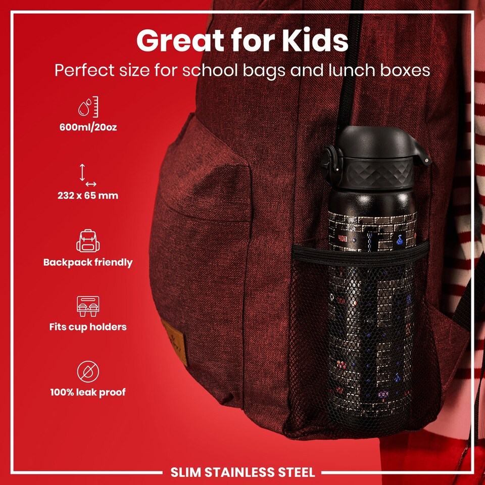 image 1 of Leak Proof Slim Water Bottle, Stainless Steel, 600ml (20oz) | Black | Gamer | One Size