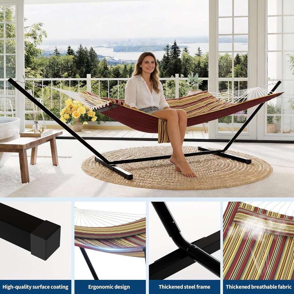 image 1 of London Boutique 12FT Double Hammock with Stand, Garden Hammock with Pillow and Balance Ropes, Red and Yellow