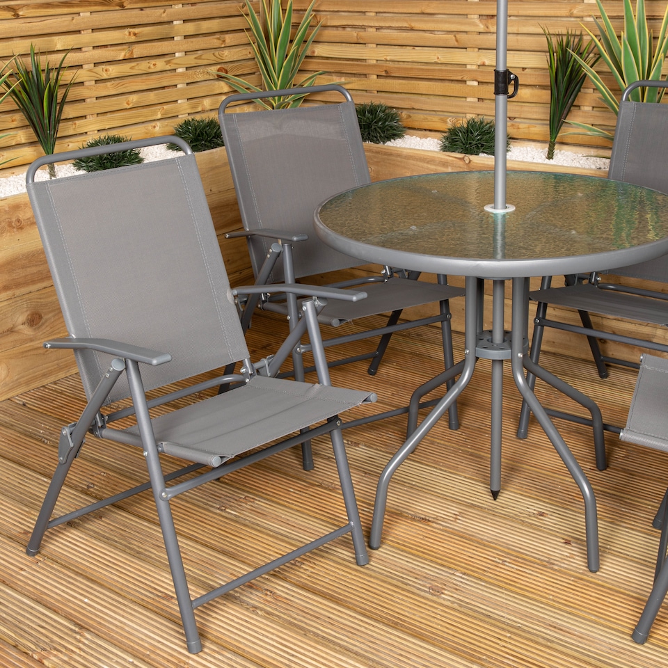 image 1 of Samuel Alexander Outdoor 4 Seater Round Glass Top Table and Chairs Patio Set with Parasol in Grey