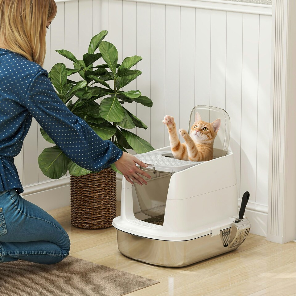 image 1 of PawHut Stainless Steel Litter Box, Enclosed Metal Cat Litter Tray with Scoop White | One Size