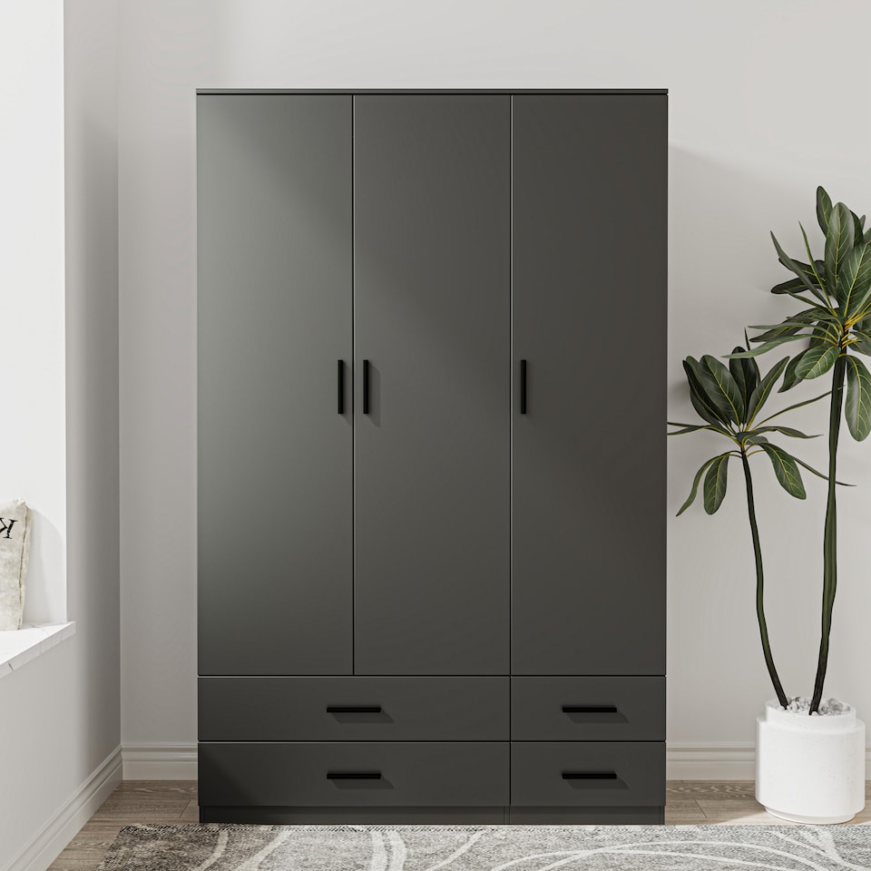 image 1 of 3 Door 4 Drawer Wardrobe With Hanging Rail And Storage Shelf | Black | Black Carcass & Door | 1