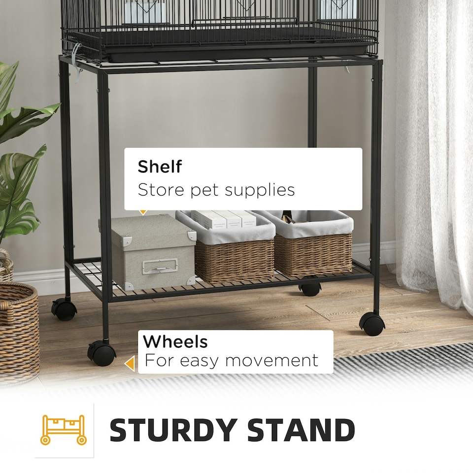 image 1 of PawHut Two-Tier Bird Cage on Wheels w/ Stand, for Canaries