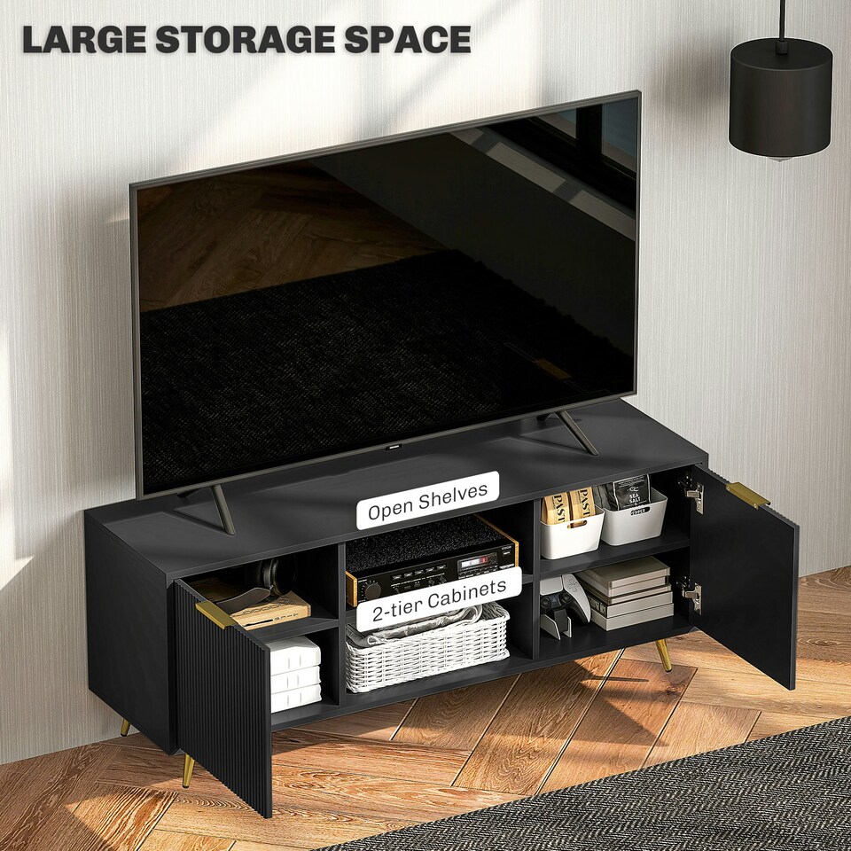 image 1 of HOMCOM Modern TV Stand Cabinet with Storage for Living Room, Black
