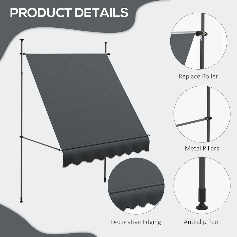 image 1 of Outsunny 2 x 1.2m Freestanding Retractable Awning, Non-Screw Garden Awning Grey