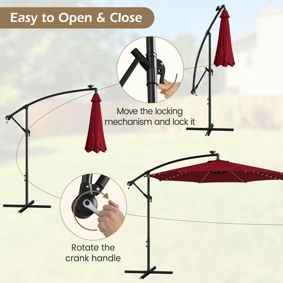 image 1 of COSTWAY 303 cm Patio Parasol Solar LED Cantilever Offset Umbrella Red