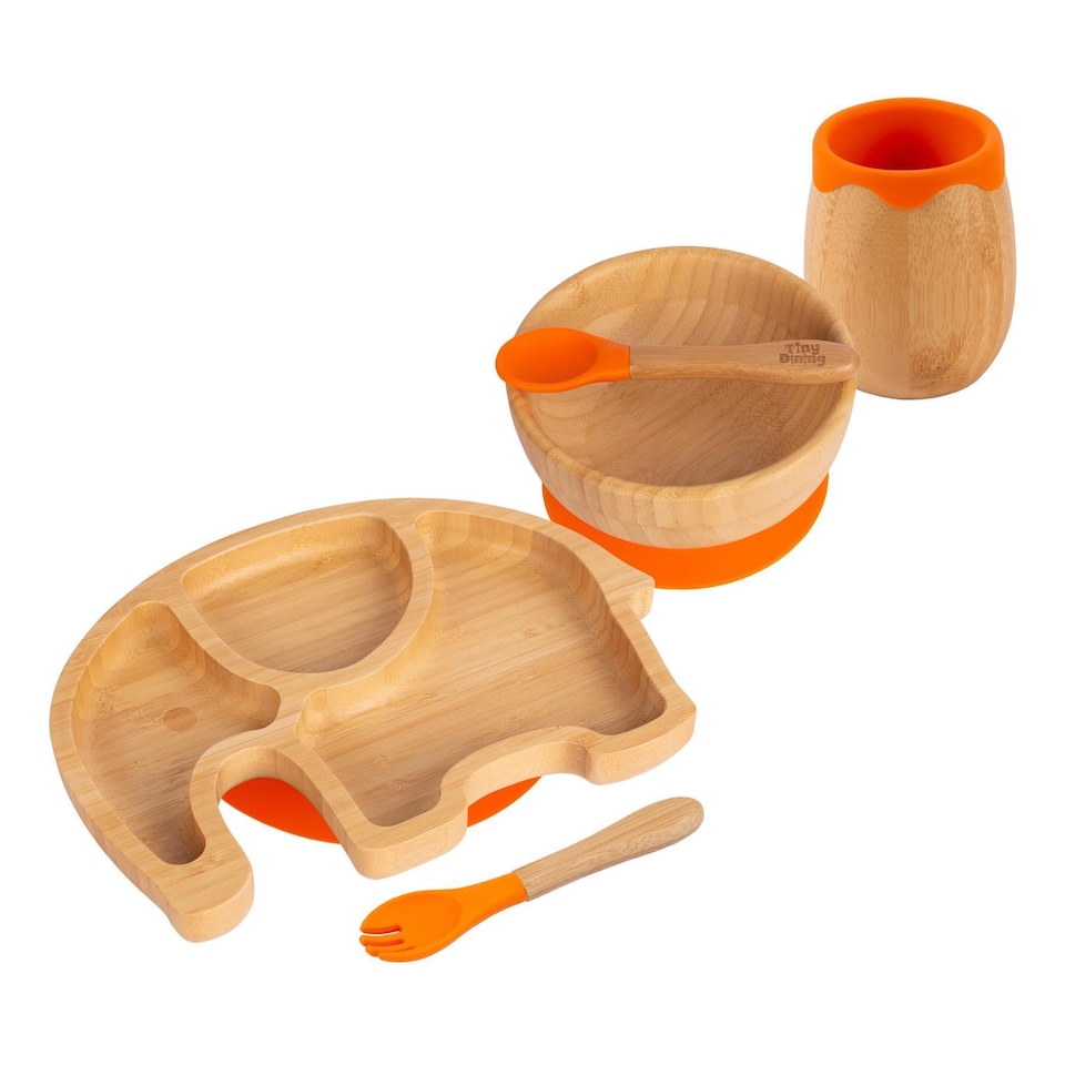 image 1 of Tiny Dining 5pc Bamboo Suction Feeding Set - Elephant/Orange - Divided Non-Slip Bamboo Baby Self-Feeding Dining Weaning Set