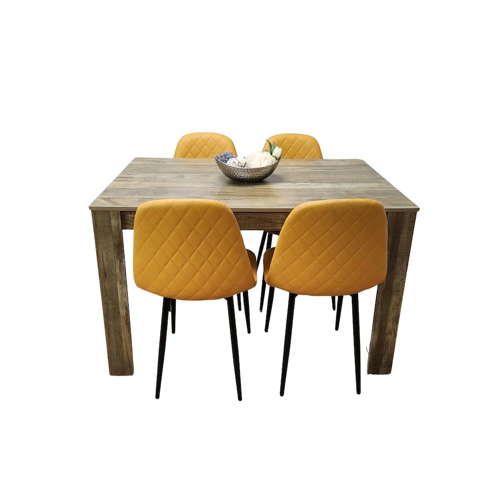image 1 of Dining Table and 4 Chairs Rustic Effect Table with 4 Mustard Gem Patterned Chairs Brown