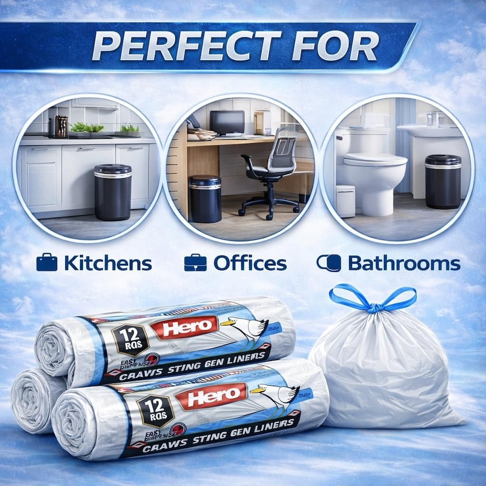 image 1 of Hero Swing Bin Bag Liners – 12 White Drawstring Refuse Sacks | Embossed Stretchable Strong Bin Bags 50–60L for Bathroom, Bedroom & Kitchen Bins