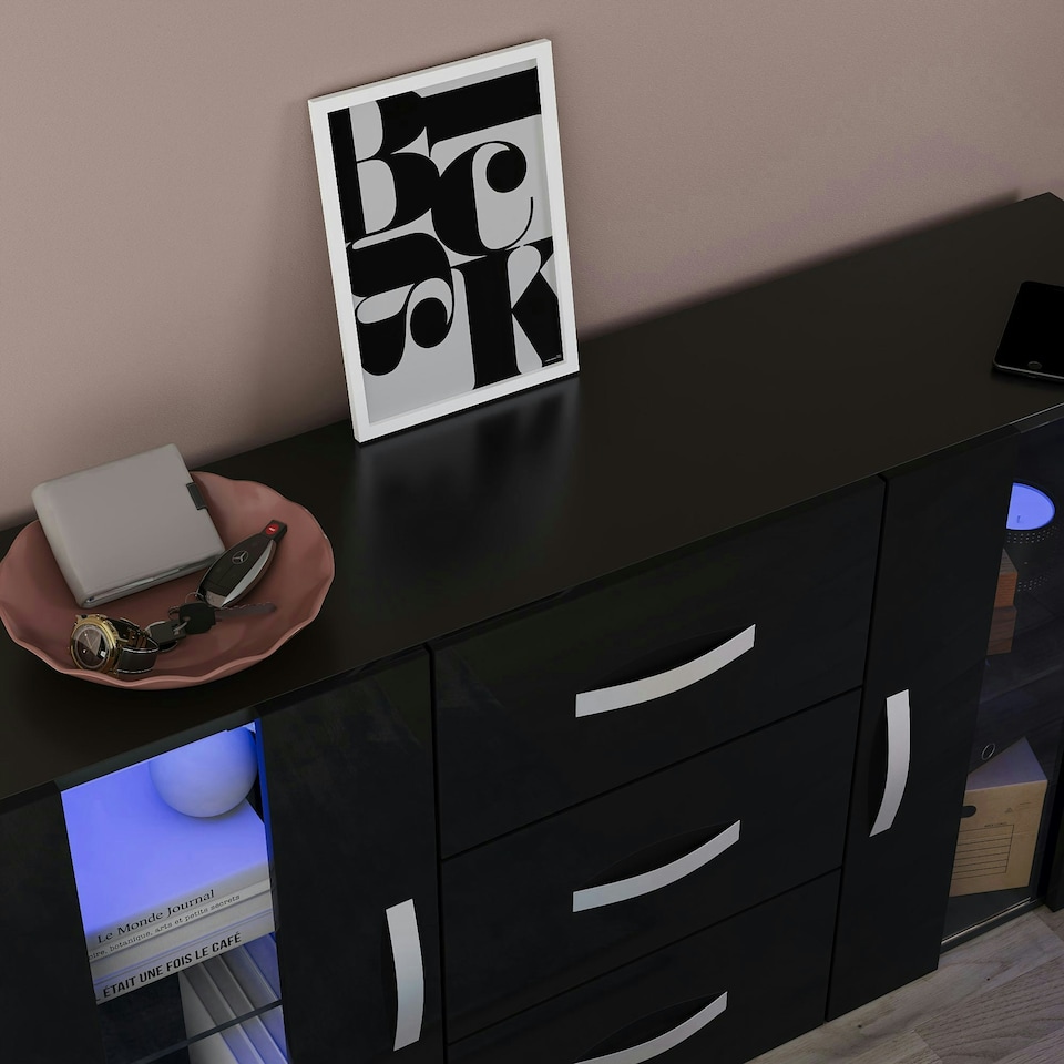 image 1 of Vida Designs Astro 2 Door 3 Drawer LED Sideboard Buffet Cabinet Storage, Black