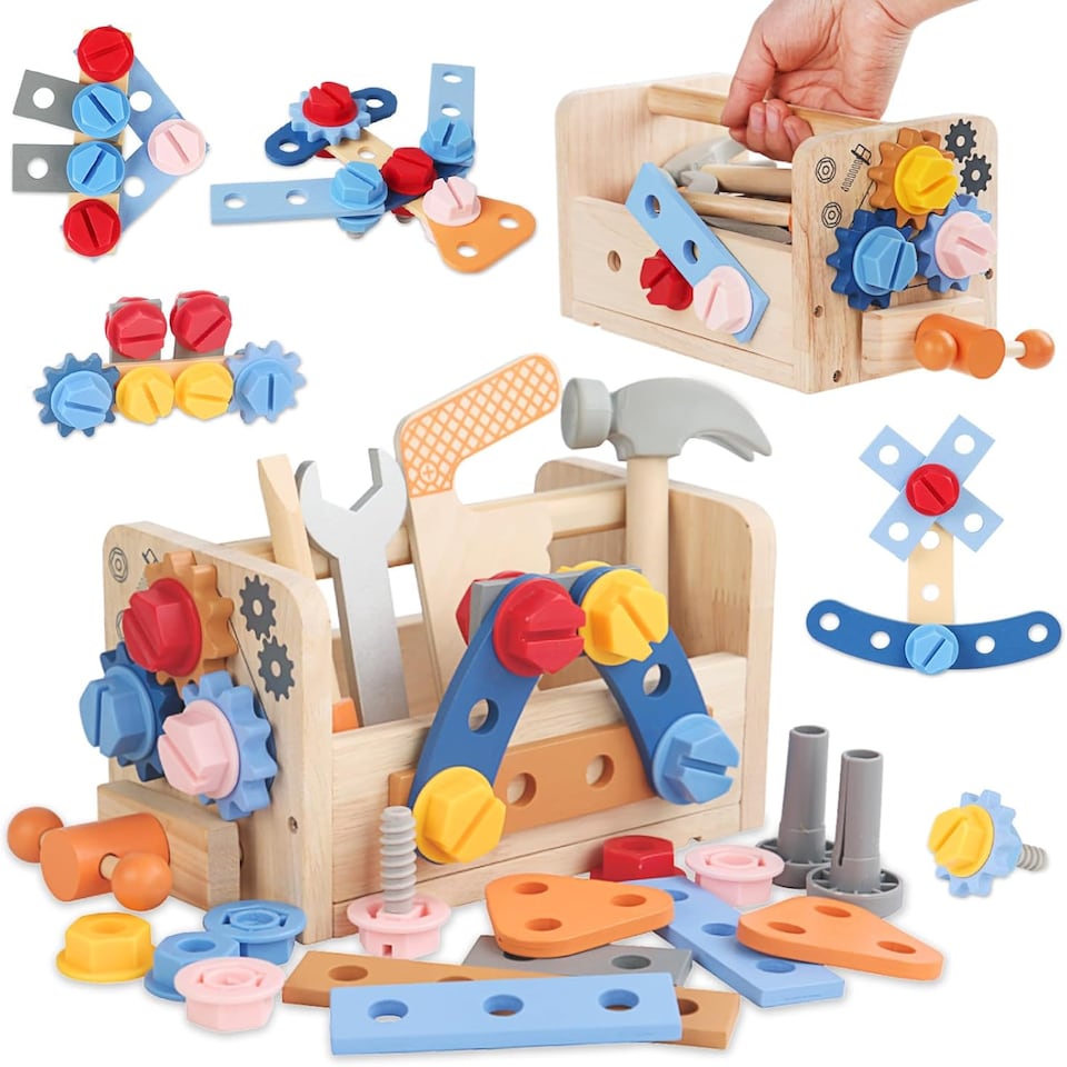image 1 of Wooden Kids Tool Set – 37-Piece Montessori Construction Play Kit with Portable Suitcase Educational Role Play Toy for Ages 3–12