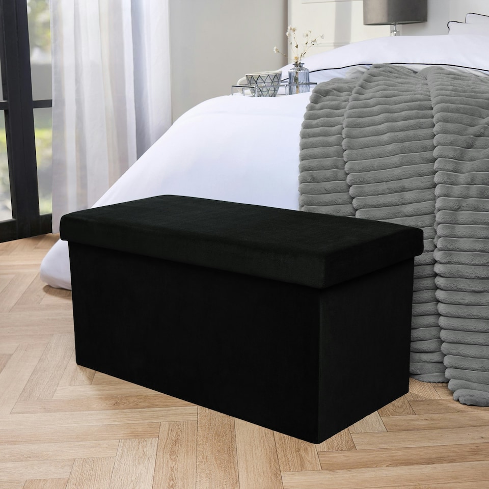 image 1 of OHS Matte Velvet Soft Long Rectangle Foldable Footstool Seat Storage Organiser Ottoman Green | Forest Green