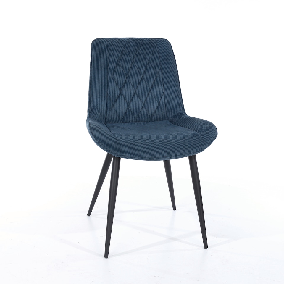 image 1 of Pair of Aspen Cord Fabric Diamond Stitch Dining Chairs with Curved Seat and Black Tapered Metal Legs | Blue | Blue | 1