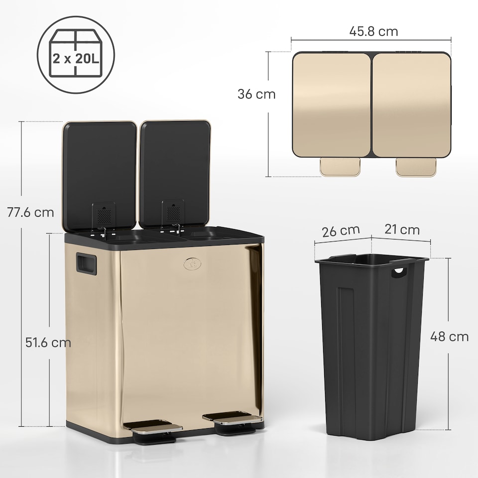 image 1 of HOMCOM Dual Kitchen Bin, 2 x 20L Stainless Steel Double Rubbish Bin with Soft Close Lid, Removable Inner Buckets, Rubbish Bags, Fingerprint-Proof for Recycling and Waste, Gold Tone | Gold