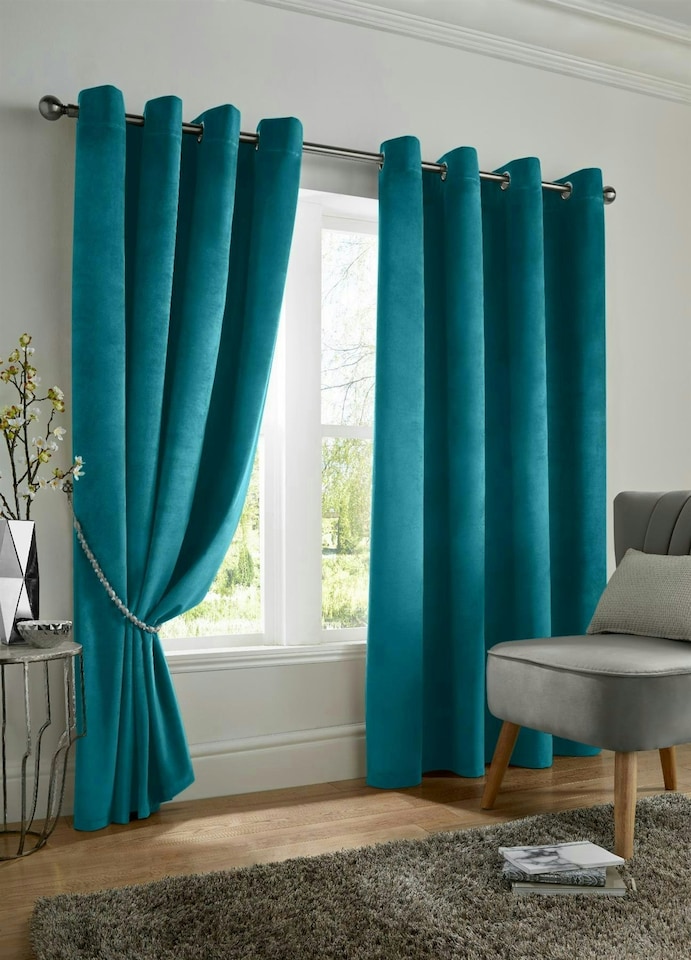 image 1 of Velvet Look Eyelet Ring Top Blackout Curtains - 168cm x 229cm - Teal