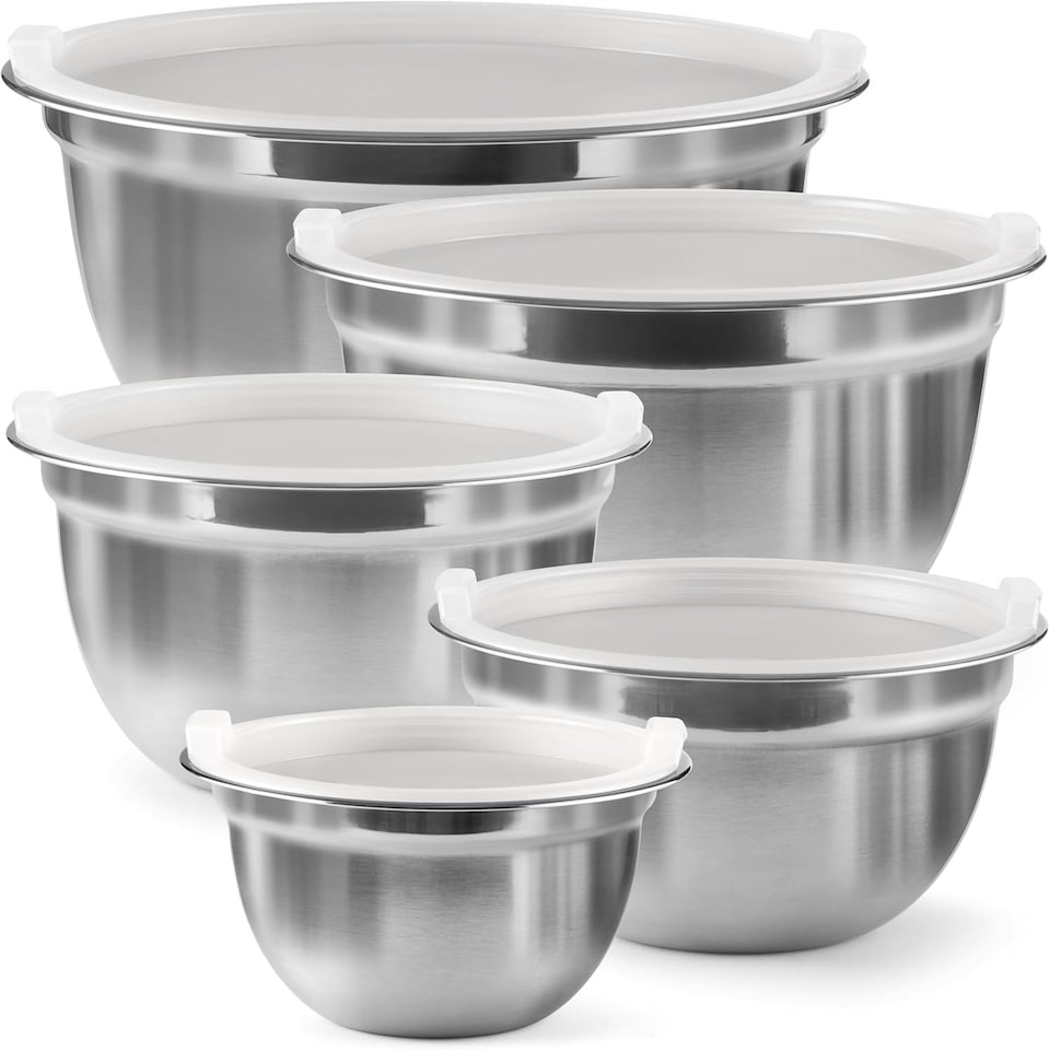 image 1 of Mixing Bowl Set of 5, Stainless Steel Nesting Bowls for Meal Preparation Kitchen Baking Air Tight White lids