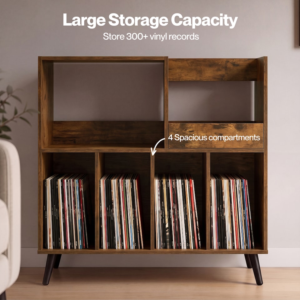 image 1 of Levede Record Player Stand 300+ Album Storage Turntable Cabinet Rubber Wood