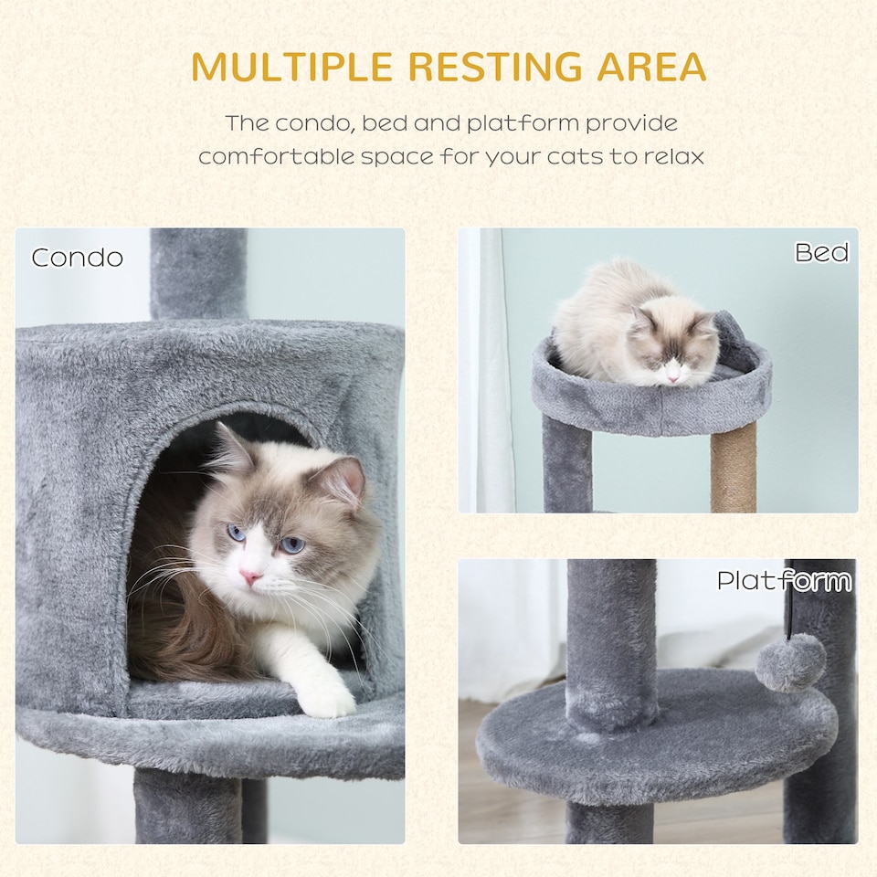 image 1 of PawHut 104cm Cat Tree Condo Tower with Scratching Post Perch Ball