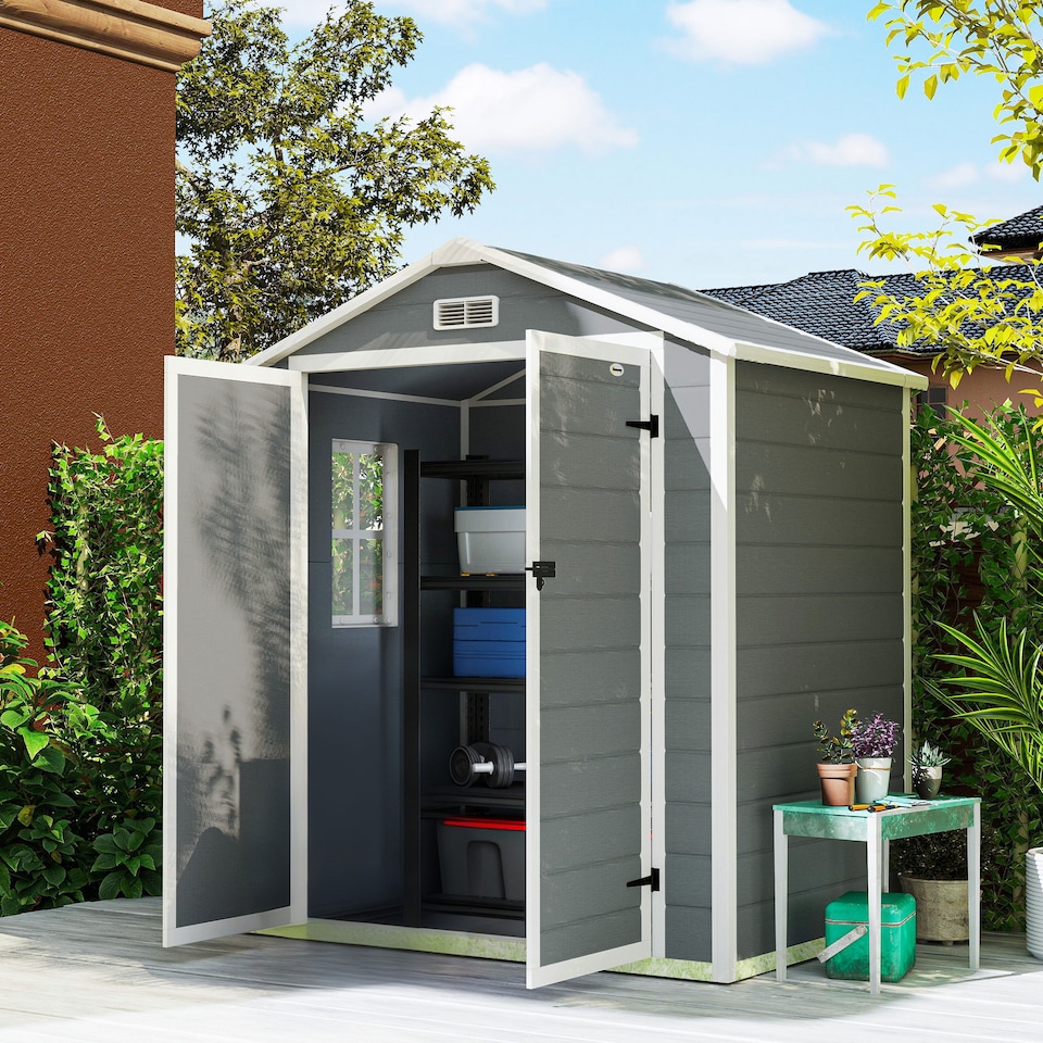 image 1 of Outsunny 6 x 4.5FT Plastic Garden Shed with Floor, Lean to Outdoor Storage Shed, Lockable Tool Storage House with Window, Vent and Plastic Roof, Grey