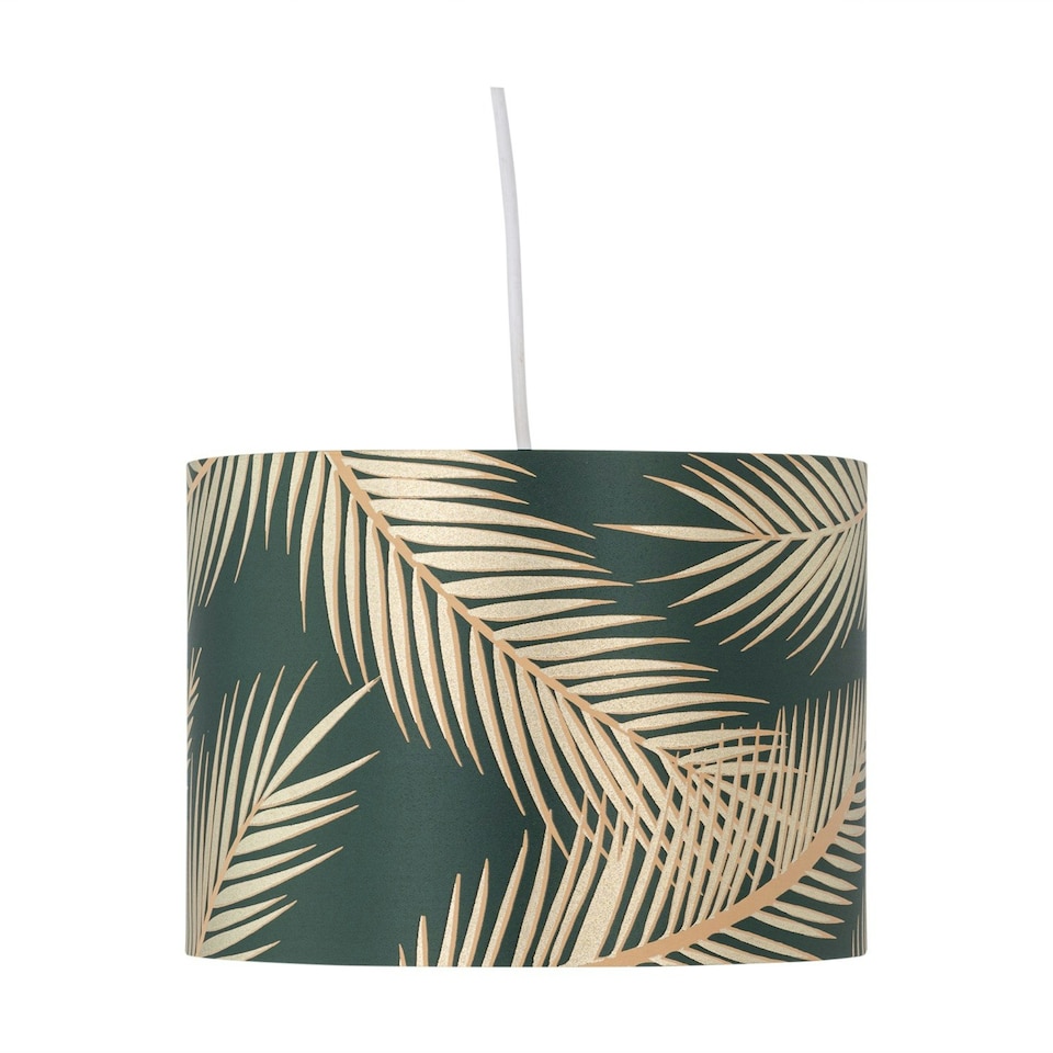 image 1 of First Choice Lighting Set of 2 Tropica Dark Green with Gold Embossed Leaf Detail 30cm Pendant Shades Green