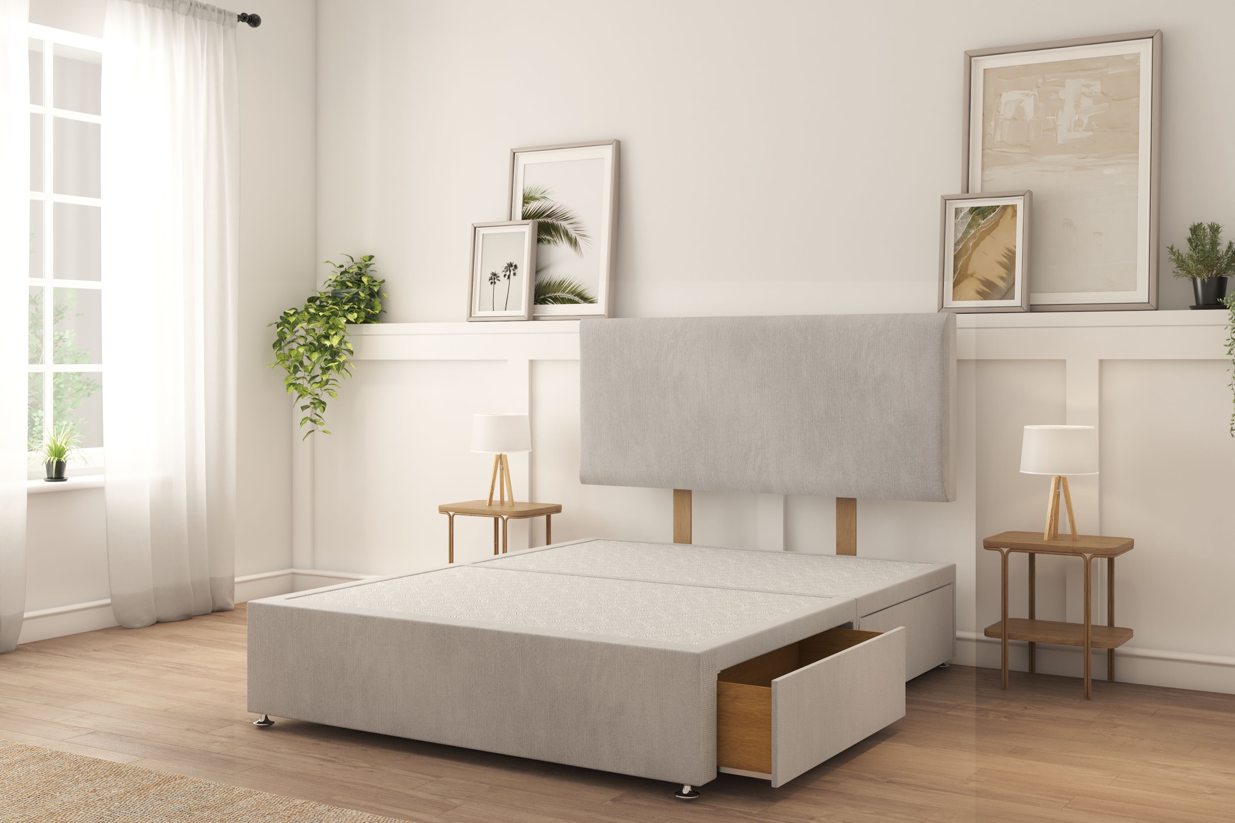 Sloomy Ashford Silver Naples Divan Bed Base 2 Drawers Foot-End With 26" Strutted Headboard 4'6 Double