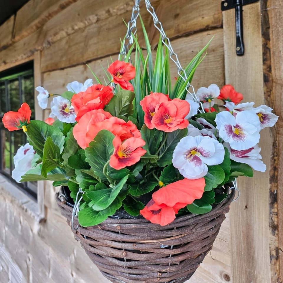 image 1 of Pair of 30cm 10 Inch Red & White Pansy Flower with Decorative Rattan Hanging Baskets for Indoor Outdoor Garden Use | Red | Red & White | 1