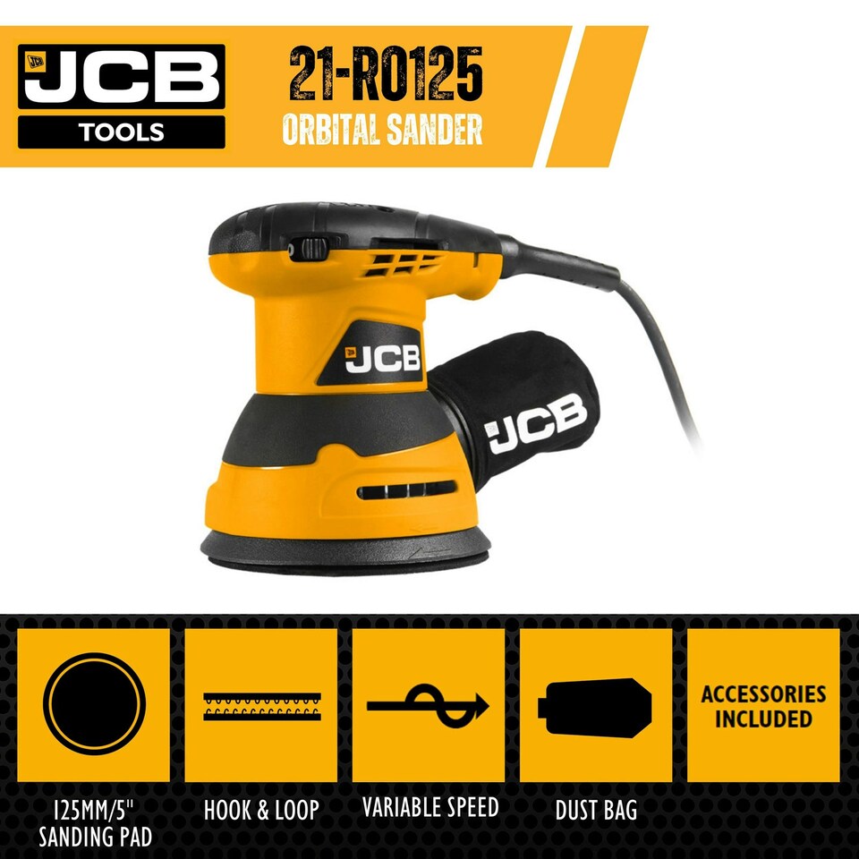 image 1 of JCB 320W Electric Random Orbital Sander 125mm 5'', 3 x Sanding Sheets, 3m Cable 21-RO125