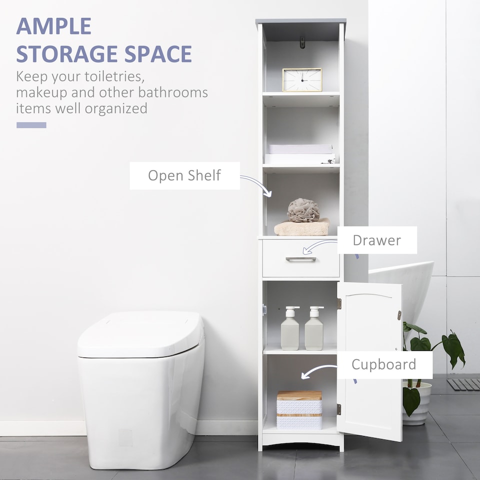 image 1 of kleankin Tall Bathroom Storage Cabinet, Slim Freestanding Linen Tower, White