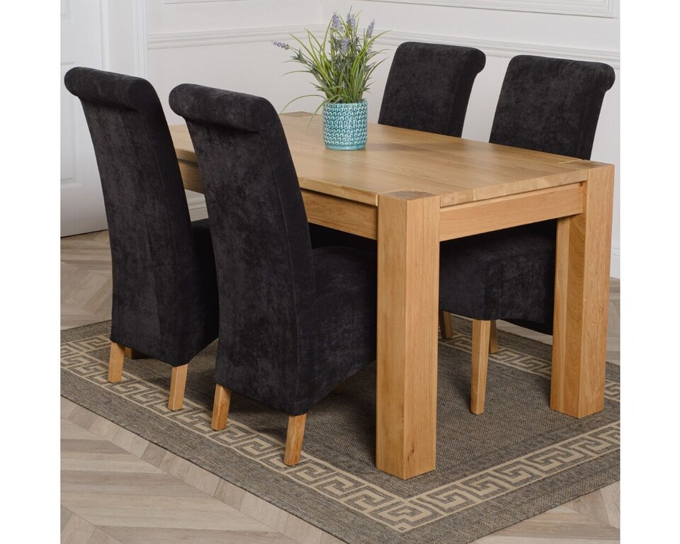 image 1 of Kuba 150 x 85 cm Chunky Medium Oak Dining Table and 4 Montana Fabric Chairs | Black | Black