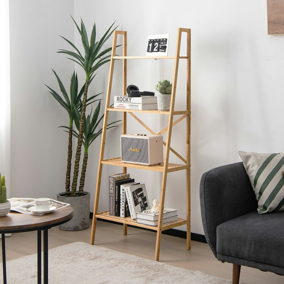 image 1 of COSTWAY 4-Tier Ladder Shelf Bookcase Storage Organizer Brown