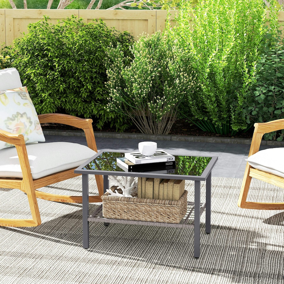 image 1 of Outsunny Outdoor Rattan Coffee Table, Rectangular Tea Side Table, Mixed-grey