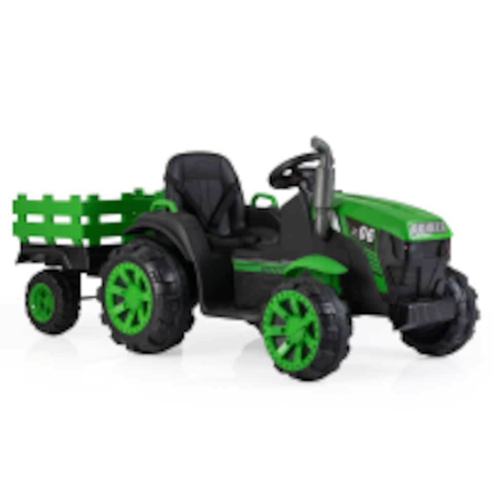Tracteur Électrique 24V pour Enfants avec Remorque Amovible Télécommande Musique Port USB Démarrage en Douceur Phares LED pour 3-8 Ans Vert