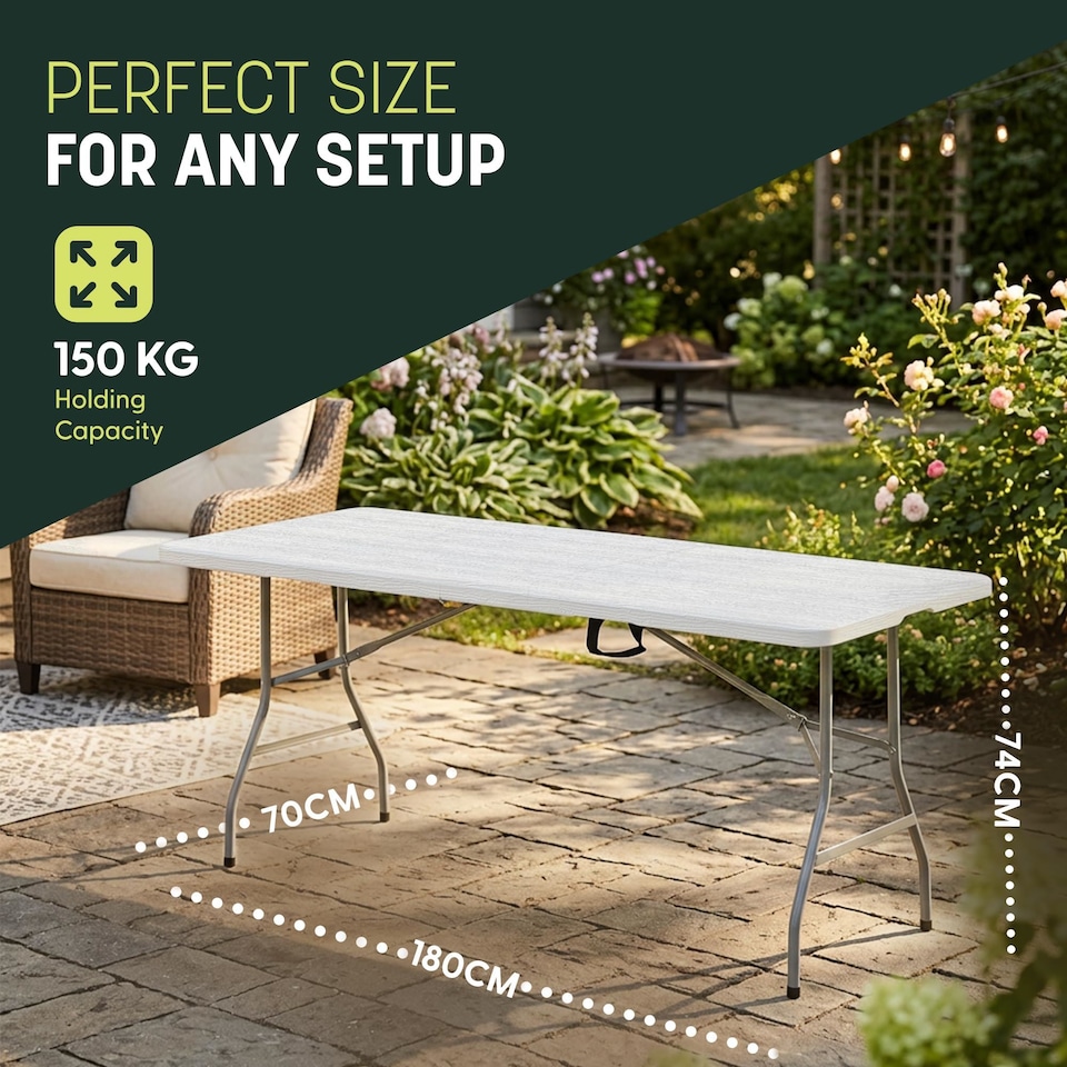 image 1 of Keplin 6ft Folding Table 180x70cm Waterproof Sturdy Metal Frame Portable