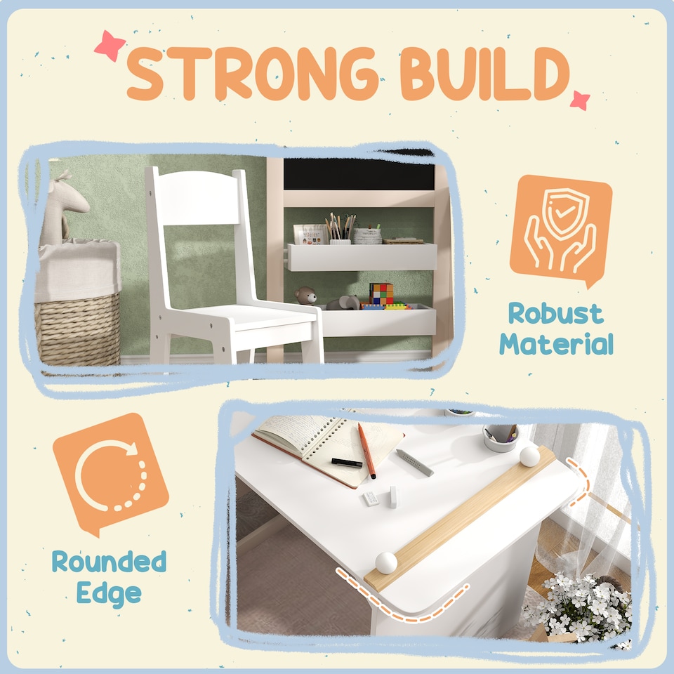 image 1 of AIYAPLAY 3 in 1 Kids Art Table and Chair Set with Storage Shelves, Foldable Blackboard, Whiteboard & Roll Paper, Toddler Table and Chair Set for 3-8 Years, White