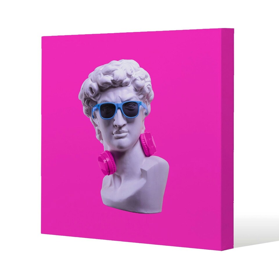 image 1 of Plaster statue of David's head in blue sunglasses (Canvas Print) 101 x 101 x 4cm