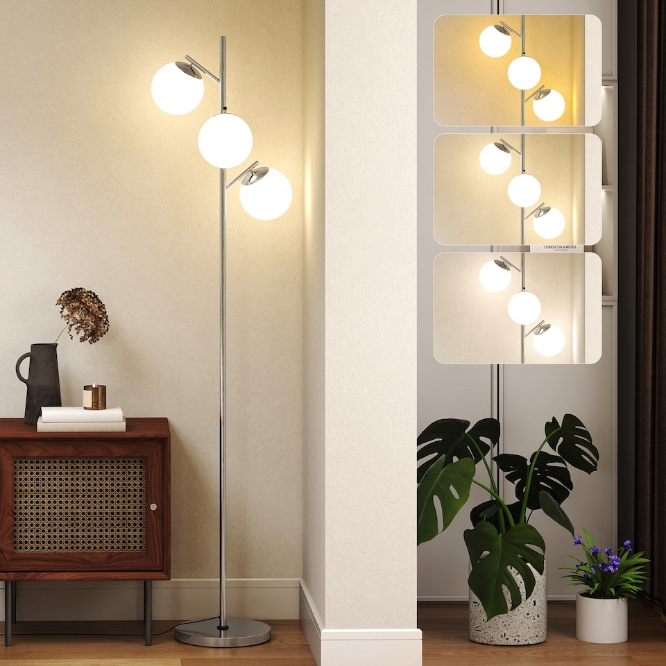 image 1 of HOMCOM 3-Light Tree Floor Lamps for Living Room, Modern Standing Lamp for Bedroom with Globe Lampshade, 3000K/4000K/6000K Colour Temperatures, Steel Base, Silver Tone | Silver