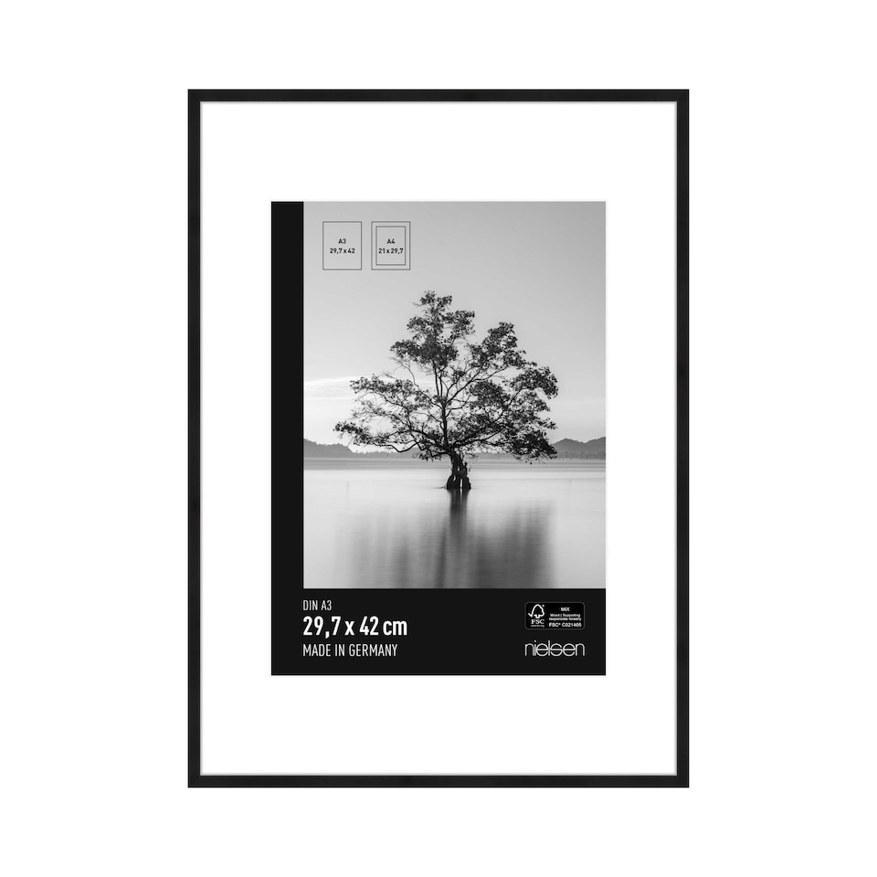 image 1 of Nielsen Alpha Aluminium Picture Frame with Mount - Real Glass - Black - A3 (29.7cm x 42cm)