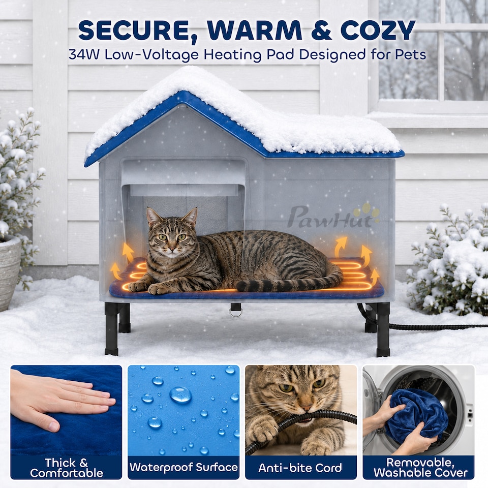 image 1 of PawHut Heated Cat House Weatherproof Cat House for Outside with Heating Pad