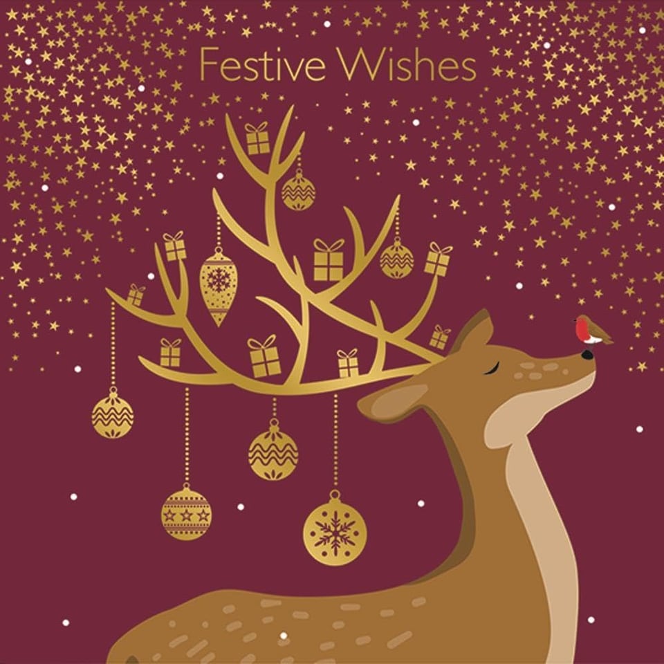image 1 of Pack of 10 Festive Contemporary Reindeer Design Square Christmas Cards With Envelopes