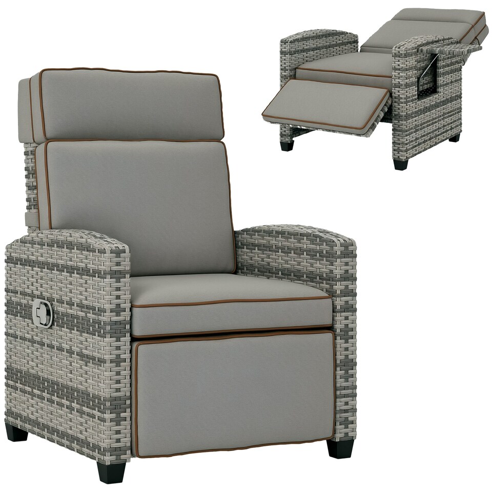 image 1 of Outsunny Rattan Garden Recliner Sun Lounger w/ Flip Table 